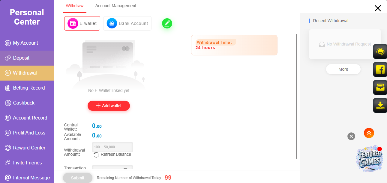 PKCasino withdrawal portal e-wallet and bank